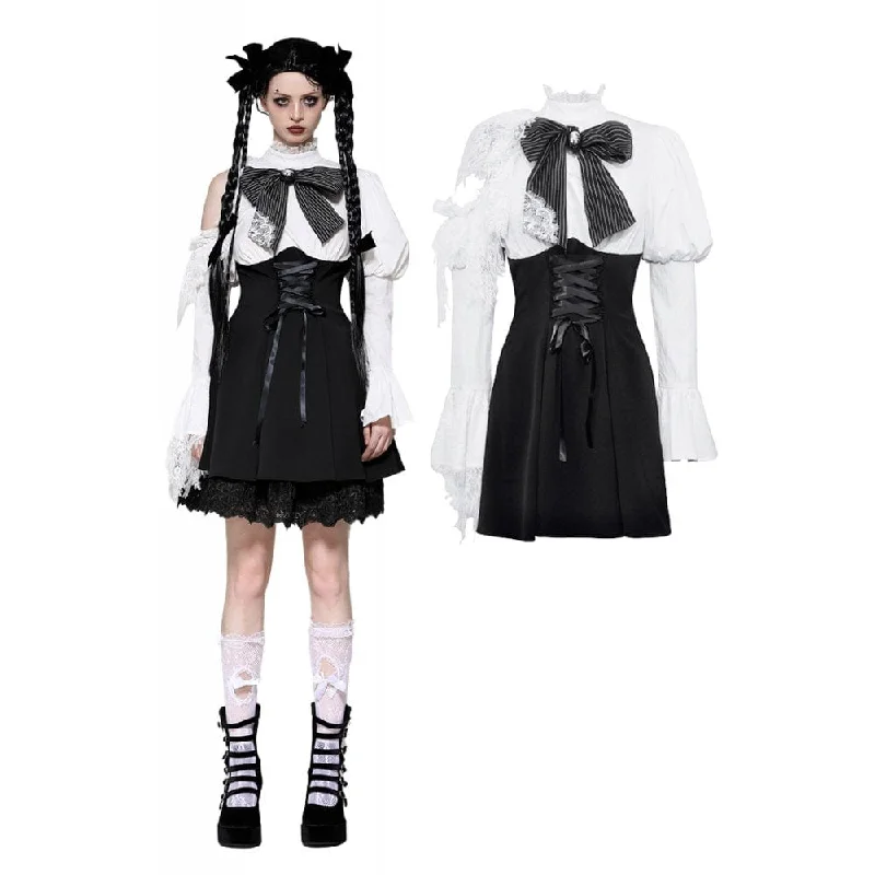 Women's Gothic Lolita Bowknot Short Dress Black White