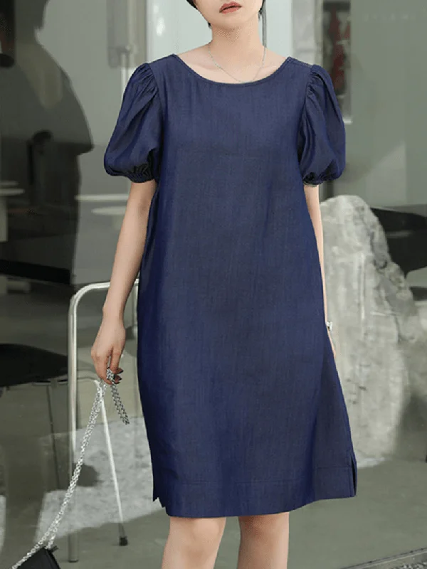 Solid Casual Crew Neck Puff Sleeve Pleated Plain A-Line Midi Dress