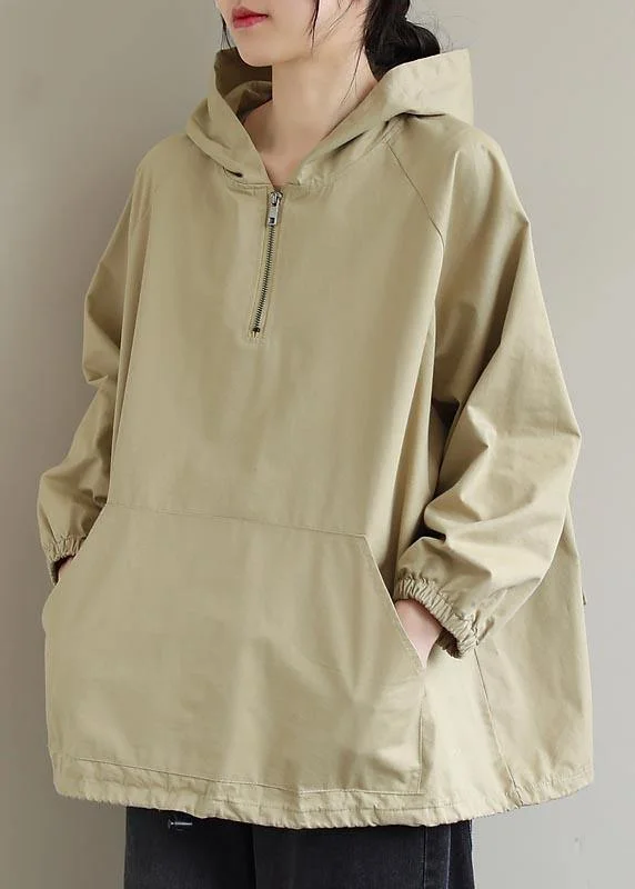 Chic Hooded Zip Up Spring Clothes For Women Work Outfits Khaki Blouses