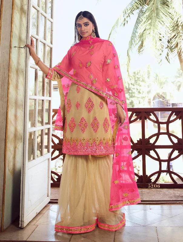 Women's Beige Thread With Foil Mirror Work   Sharara Suit  (Stitched ) - Aastha Fashion