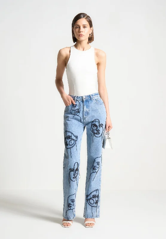 Line Art Boyfriend Jeans - Mid Blue