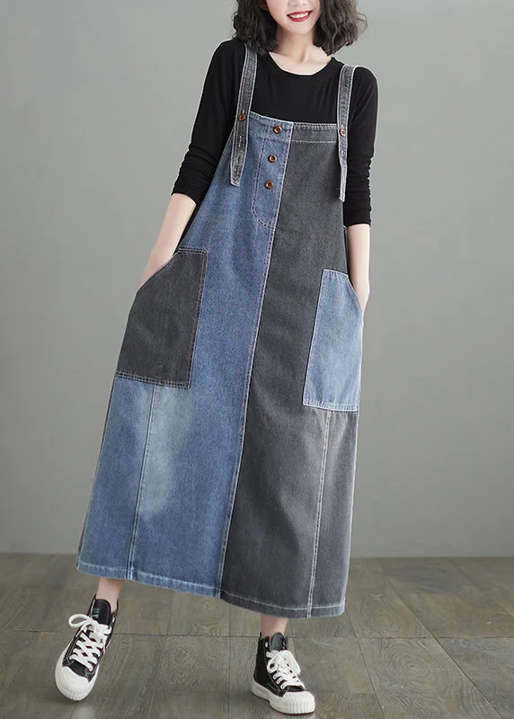 Modern Colorblock Oversized Patchwork Pockets Denim Strap Dress Summer