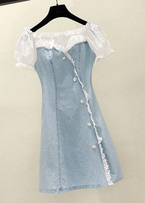 Handmade Blue Lace Patchwork Ruffled Button Denim Mid Dress Short Sleeve