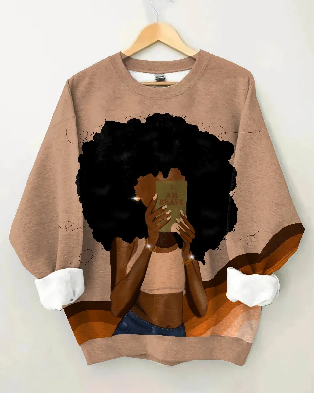 Brown Afro Reading Girl Long Sleeve Sweatshirt