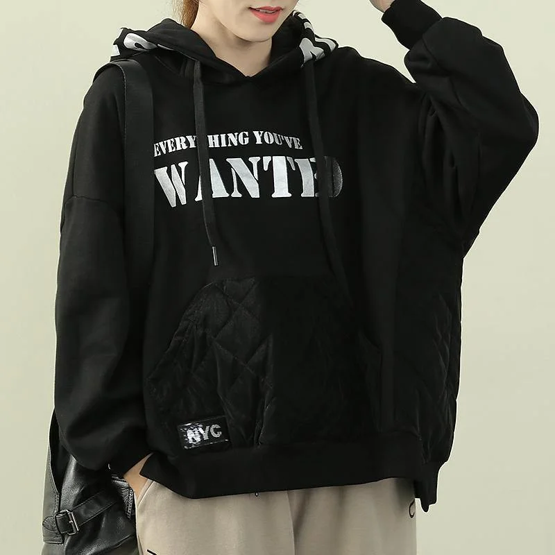 Chic hooded patchwork top silhouette black Letter daily blouse