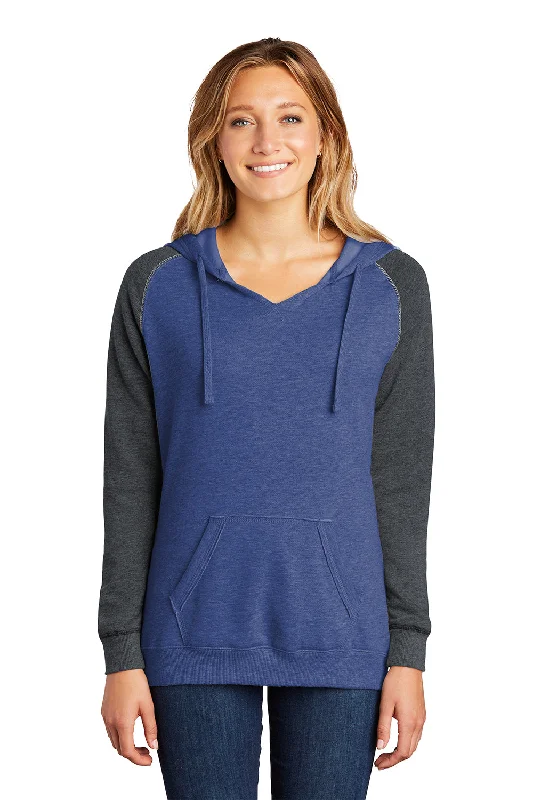 District Womens Fleece Hooded Sweatshirt Hoodie w/ Pouch Pocket - Heather Royal Blue/Charcoal Grey