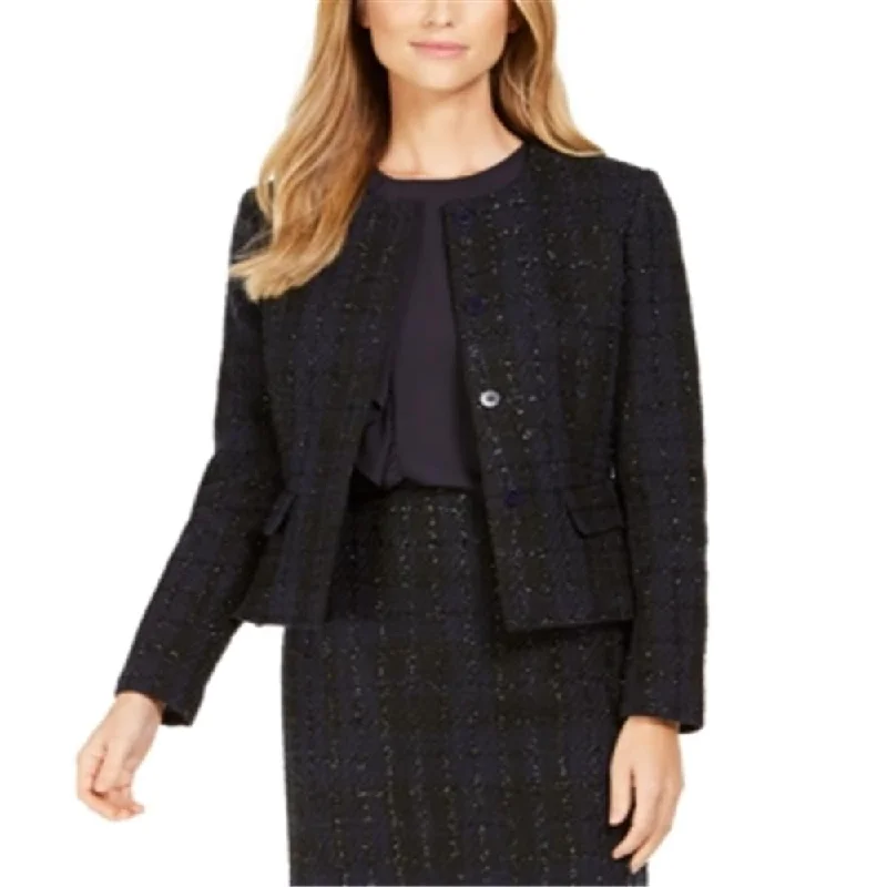 Calvin Klein Women's Metallic Tweed Collarless Blazer Blue Size 14