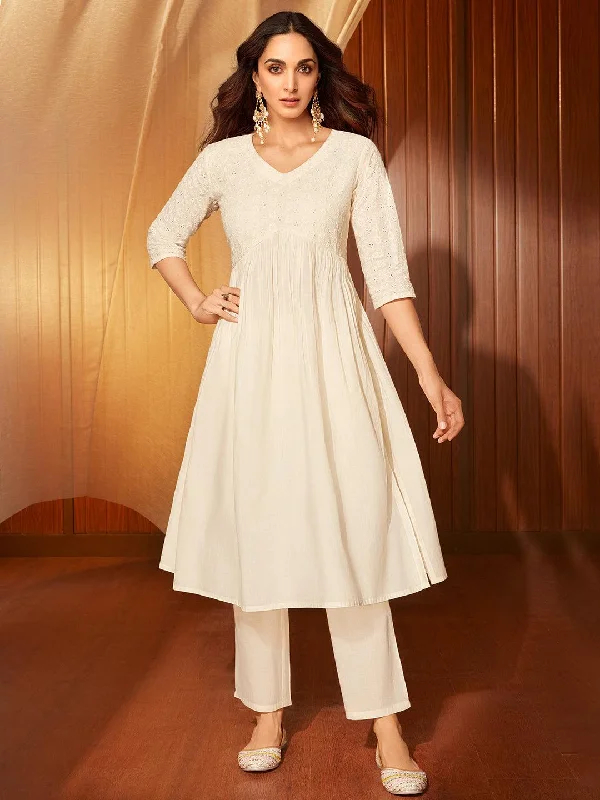 Off White Embroidered Cotton Straight Kurta Set