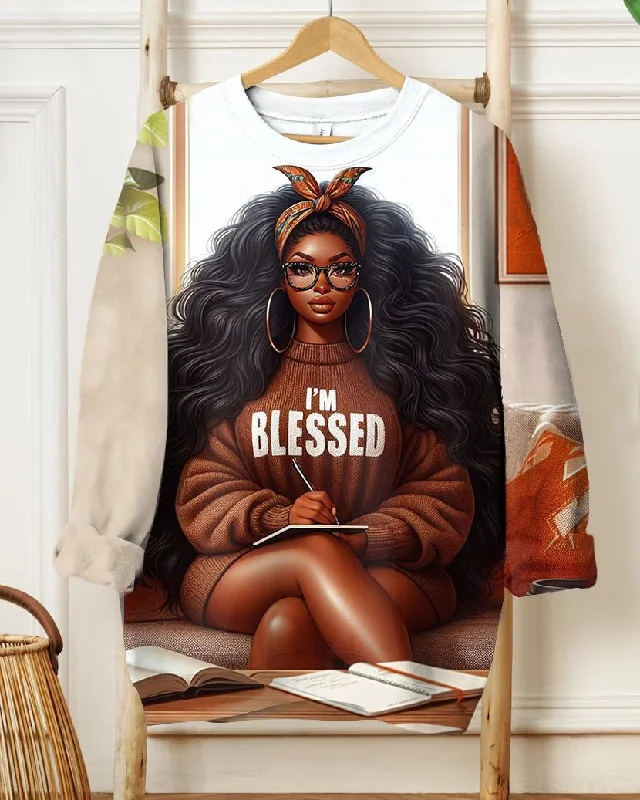 Black Woman Long Hair I'm Blessed Long Sleeve Sweatshirt