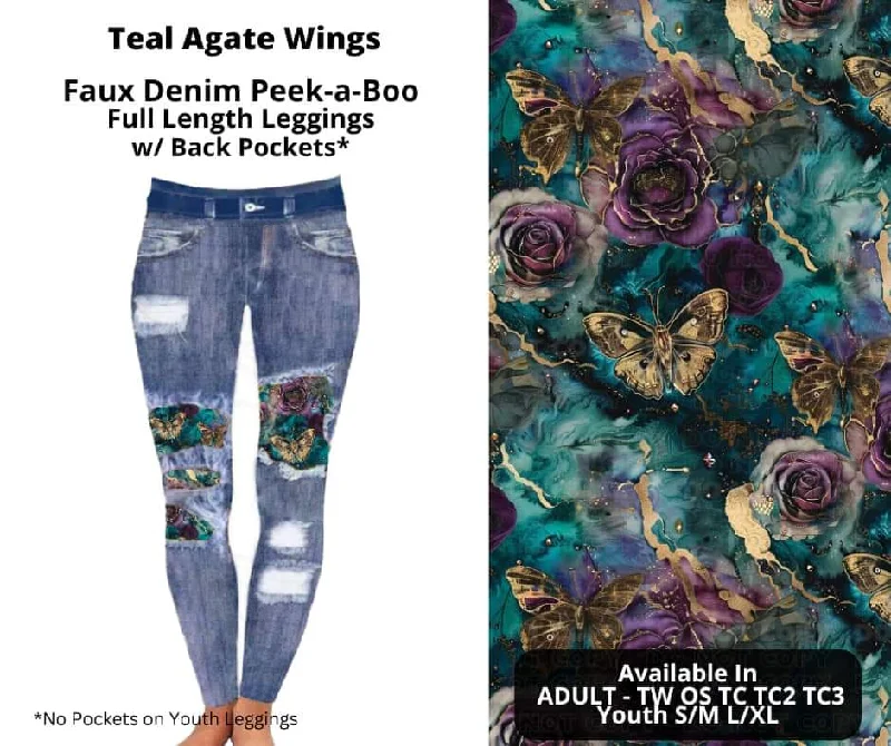 Teal Agate Wings Faux Denim Full Length Peekaboo Leggings