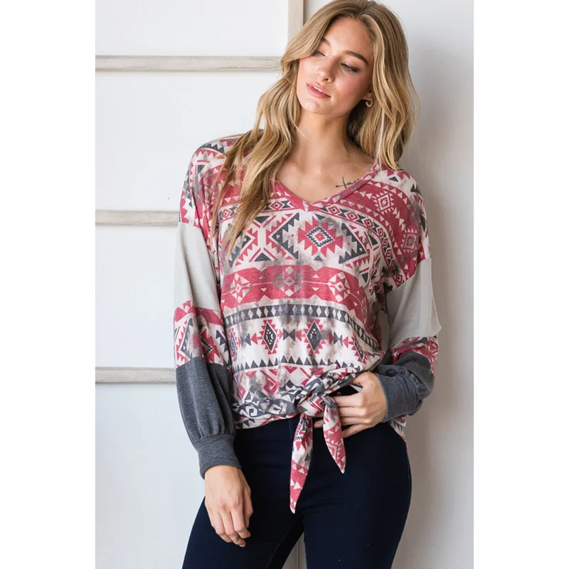 CY Fashion Women's Aztec Color Block Long Sleeve Top