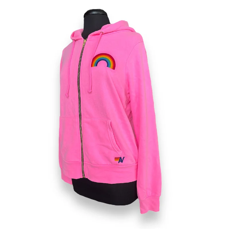 Rainbow Embroidery Zip Hoodie Pink