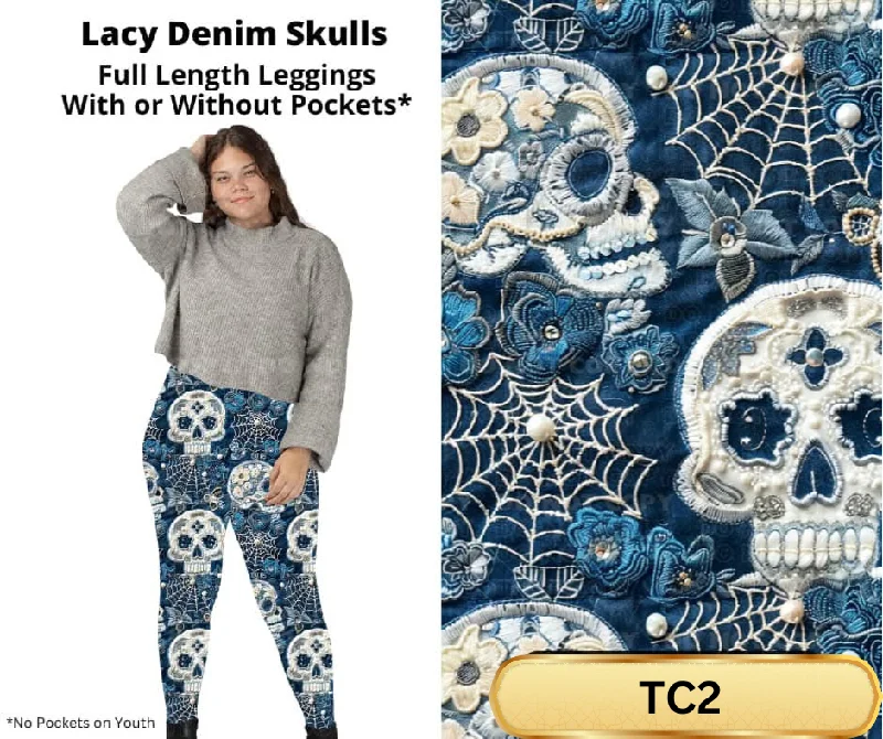 Lacy Denim Skulls Full Length Leggings w/ Pockets