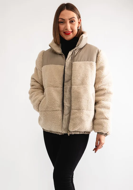 Noisy May Cherie Teddy Puffer Jacket, Beige