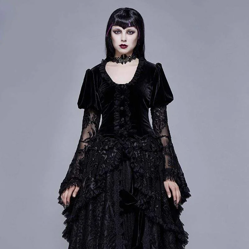 Women's Goth V-neck Lace Sleeved Velet Jacket