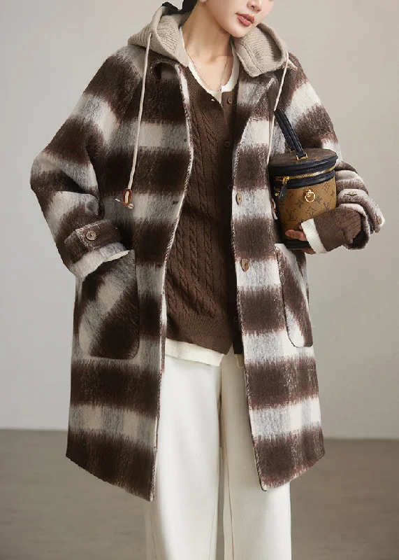 Chic Coffee Plaid Hooded Patchwork Woolen Coats Spring