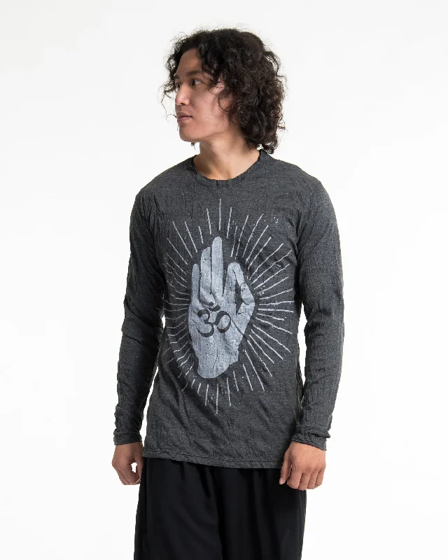 Unisex Hand of Om Long Sleeve Shirt in Silver on Black