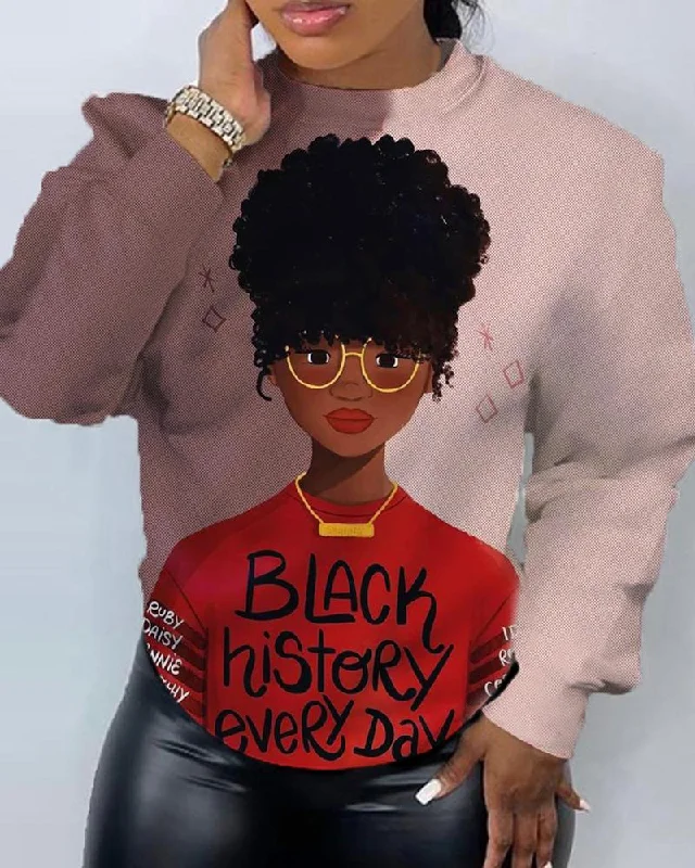 Black Girl Historical Month Printed Round Neck Long Sleeved Sweatshirts