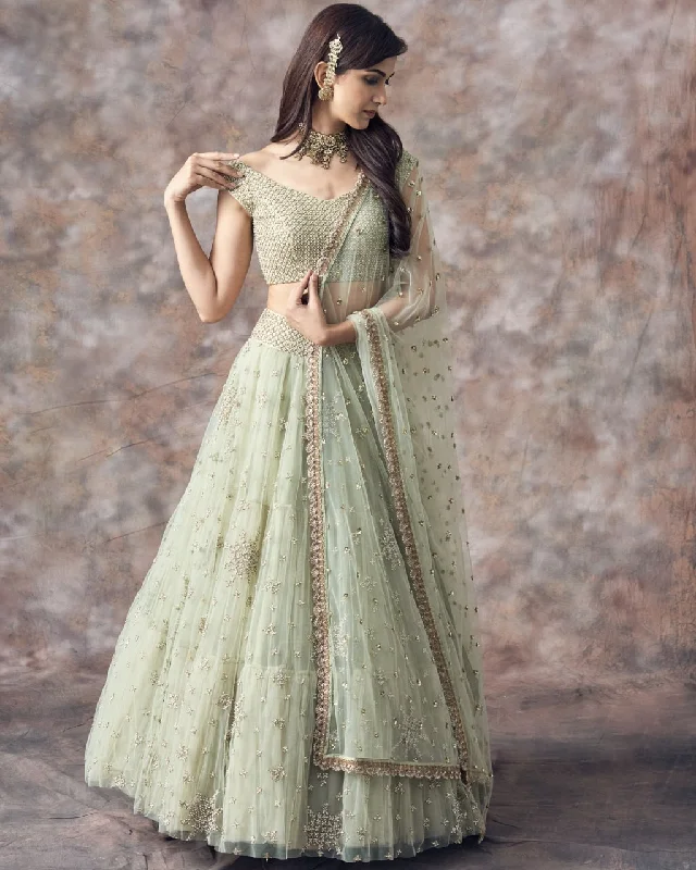 Women's Net Light Green  Lehenga Set  (Semi stitched ) - Aastha Fashion