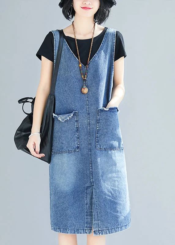 DIY Blue V Neck Pockets Side Open Denim Strap Dresses Summer