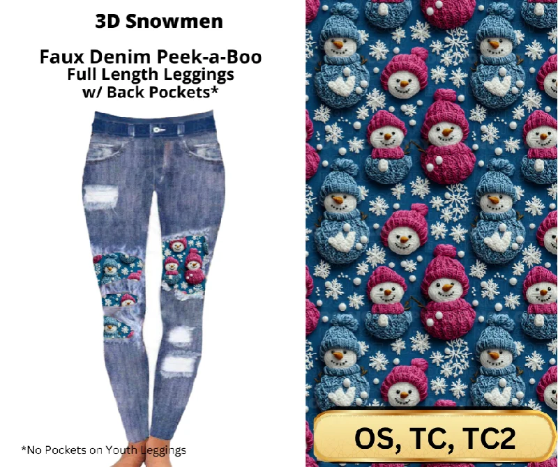 3D Snowmen Faux Denim Full Length Peekaboo Leggings