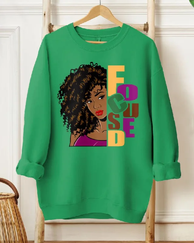 Focused Brown Curly Hair Girl Long Sleeve Sweatshirt