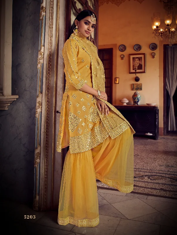 Women's Mustard Yellow Thread With Foil Mirror Work   Sharara Suit  (Stitched ) - Aastha Fashion