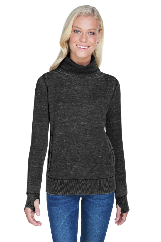 J America Womens Zen Burnout Fleece Cowl Neck Sweatshirt w/ Pockets - Twisted Black