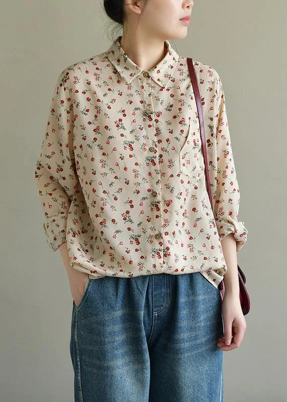 Chic nude print chiffon clothes lapel long sleeve summer top