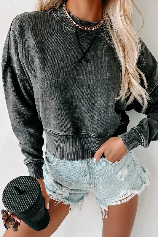 Mineral Wash Cropped Pullover Sweatshirt (Black)