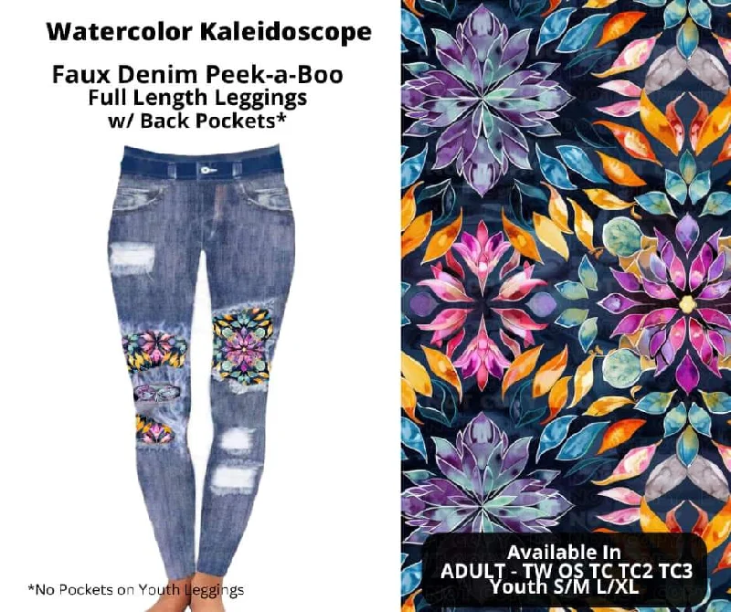 Watercolor Kaleidoscope Faux Denim Full Length Peekaboo Leggings