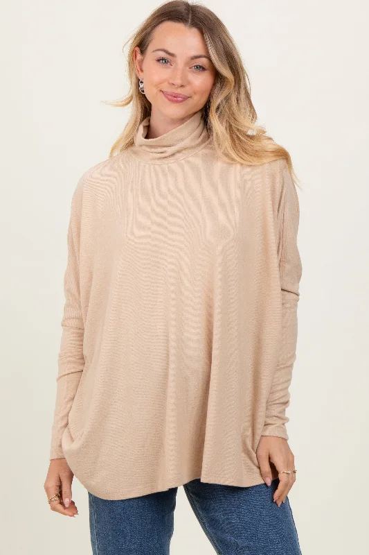 Cream Brushed Knit Turtleneck Dolman Sleeve Top