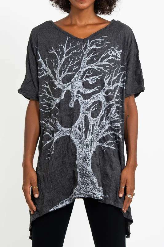 Womens Om Tree Loose V Neck T-Shirt in Silver on Black