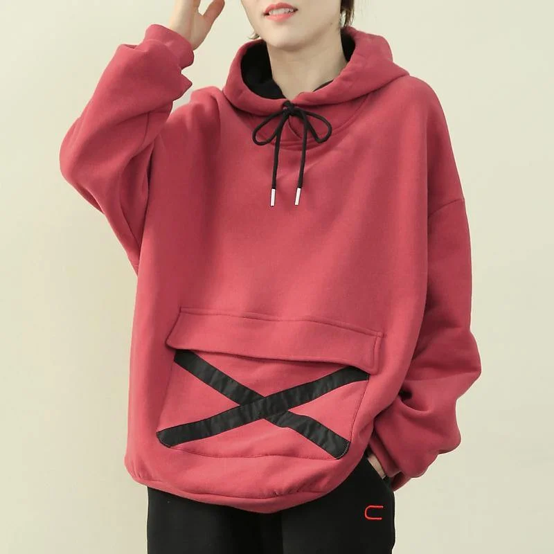 Chic hooded drawstring clothes pink tunic shirt