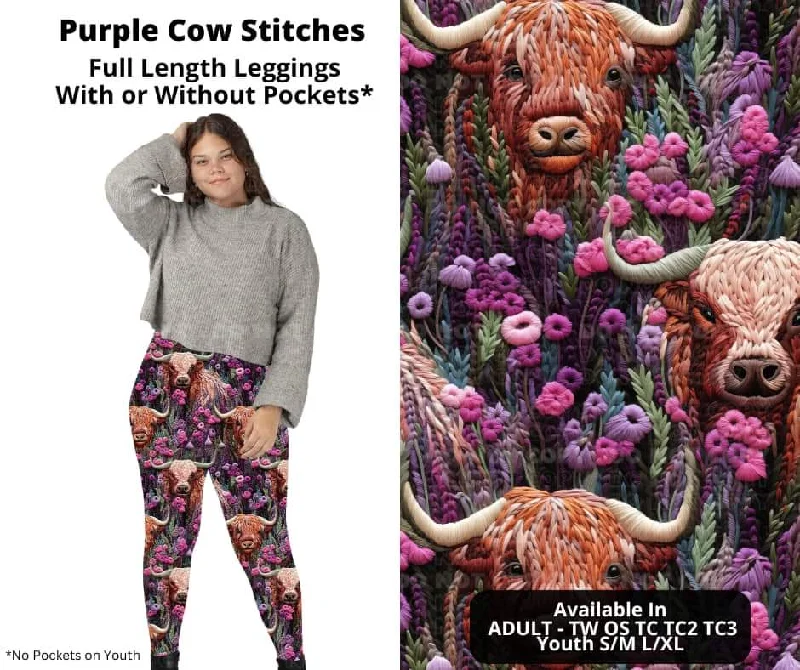 Purple Cow Stitches Full Length Leggings w/ Pockets