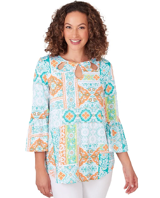 Ruby Road Spring Breeze Petite 3/4 Sleeve Eclectic Patchwork Print Top