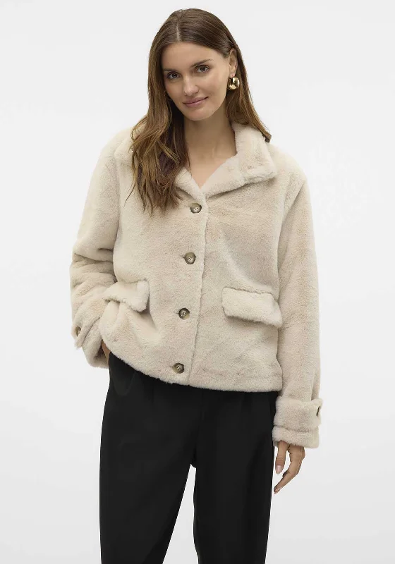 Vero Moda Sonjaeva Faux Fur Short Jacket, Beige