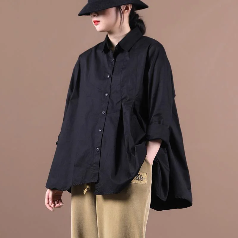 Chic lapel large hem fall shirts women Work Outfits black tops