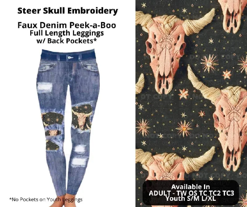 Steer Skull Embroidery Faux Denim Full Length Peekaboo Leggings