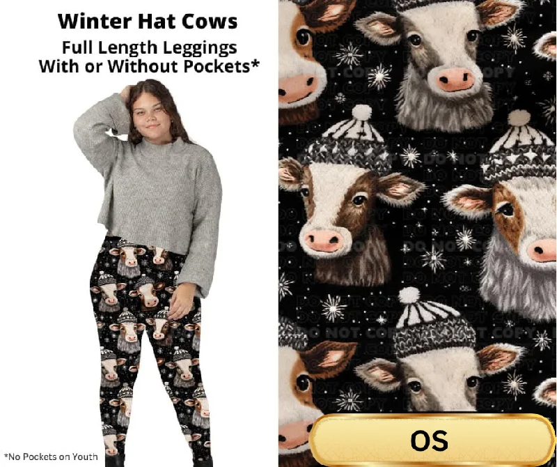 Winter Hat Cows Full Length Leggings w/ Pockets