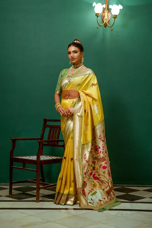 Women's Yellow Zari Woven Paithani Silk Saree With Blouse  (Saree Blouse Without stitch) - Aastha Fashion