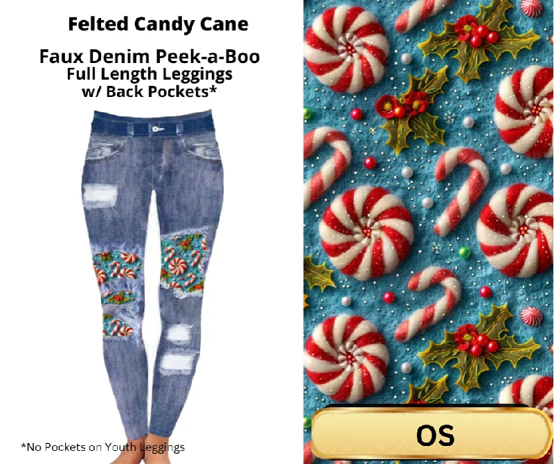 Felted Candy Cane Faux Denim Full Length Peekaboo Leggings