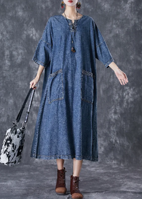 Modern Blue Oversized Pockets Chinese Button Denim Dresses Summer