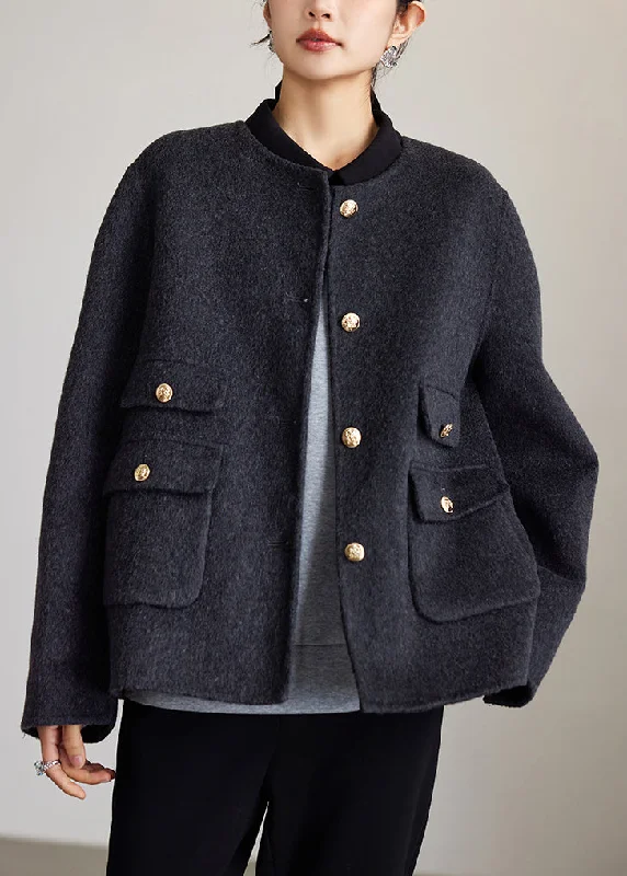 Loose Dark Gray O Neck Button Woolen Coats Spring