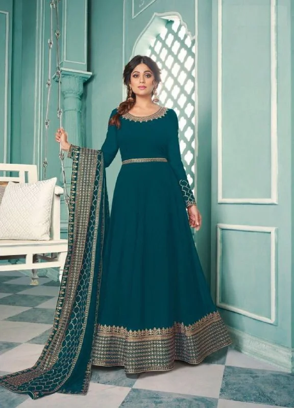 Turquoise Blue Fox Georgette Anarkali Suit with stone work