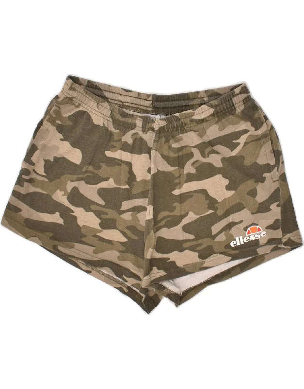 ELLESSE Womens Sport Shorts UK 14 Medium Khaki Camouflage Cotton