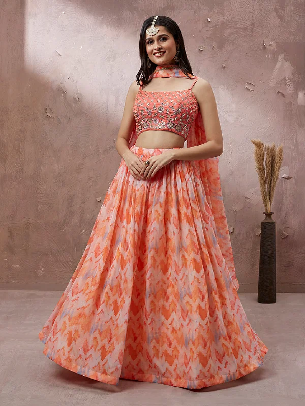 Women's Peach Ikat Printed Organza  Designer Lehenga Choli  (Semi stitched ) - Aastha Fashion