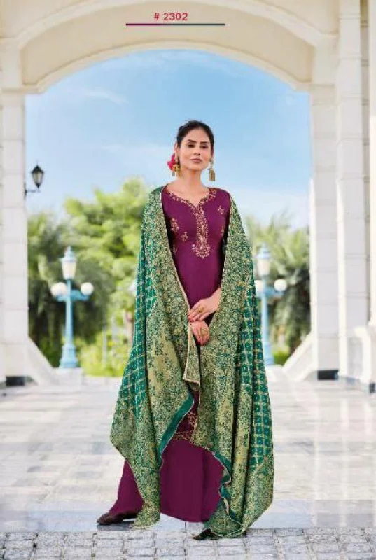 2302 Designer Satin Georgette Embroidered Plazzo Suit with Banarasi Dupatta