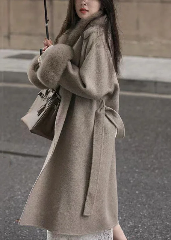 Loose Coffee Fur Collar Tie Waist Pockets Woolen Coat Spring