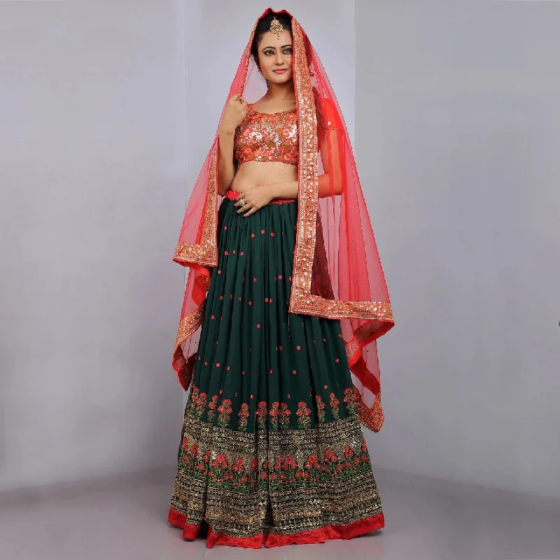 Women's Georgette Bottle Green  Lehenga Set  (Semi stitched ) - Aastha Fashion